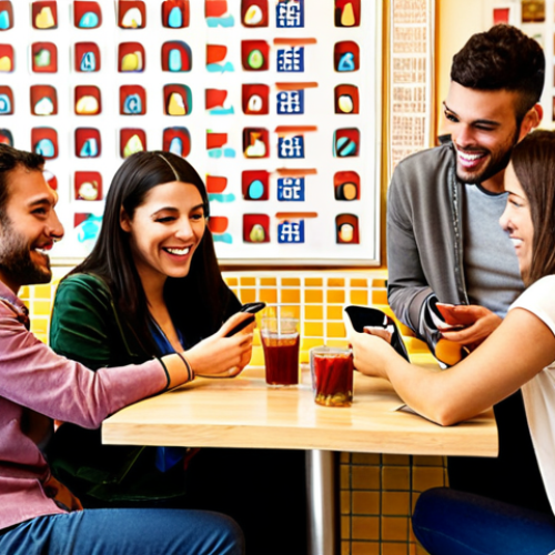 Home 8 **
A diverse group of people happily using language exchange apps on their phones in a vibrant, modern café in Madrid. Focus on the intercultural connection and ease of learning languages. The background should include subtle Spanish cultural elements like "tapas" or "azulejos".
**