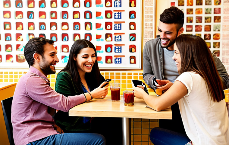 **
A diverse group of people happily using language exchange apps on their phones in a vibrant, modern café in Madrid. Focus on the intercultural connection and ease of learning languages. The background should include subtle Spanish cultural elements like "tapas" or "azulejos".
**