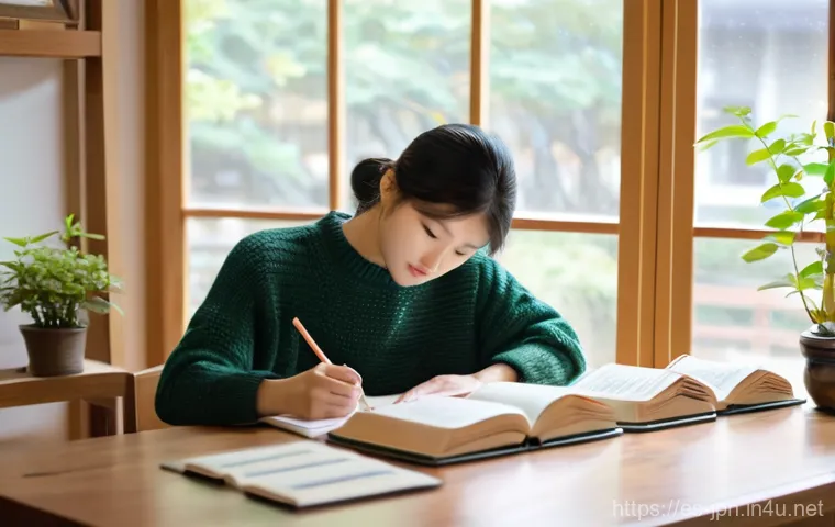 JLPT N1 실기 시험 사례 분석 - **"A cozy study scene featuring a focused young adult, in their early twenties, diligently preparing...