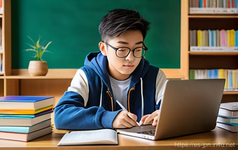 JLPT N2 중점 과목 학습 전략 - **Prompt:** A young adult, dressed in casual yet stylish attire, sits at a wooden desk, surrounded b...