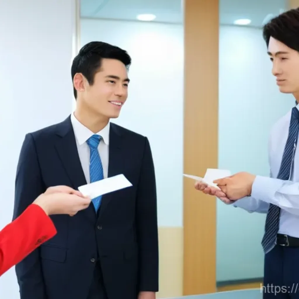 JLPT 취득 후 일본 문화 이해하기 - **Prompt:** A respectful business exchange in a modern Japanese office setting. Two individuals, one...