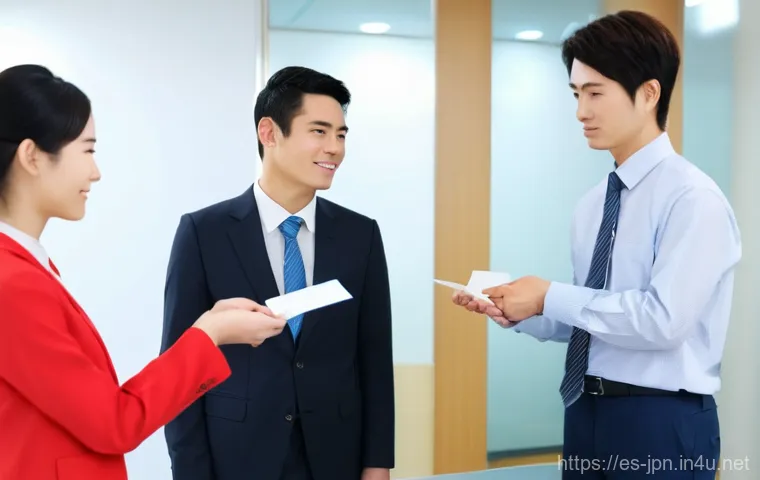 JLPT 취득 후 일본 문화 이해하기 - **Prompt:** A respectful business exchange in a modern Japanese office setting. Two individuals, one...