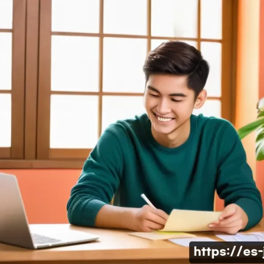 JLPT 독해 능력 빠르게 높이는 방법 - A cozy study scene featuring a young adult Hispanic student in casual attire, sitting at a wooden de...