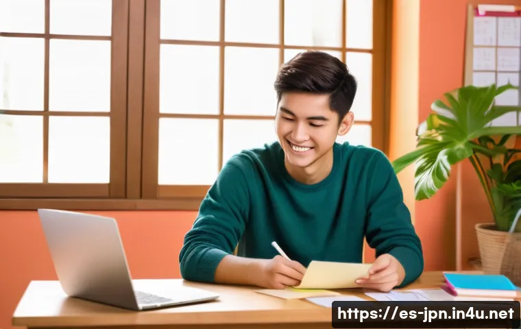 JLPT 독해 능력 빠르게 높이는 방법 - A cozy study scene featuring a young adult Hispanic student in casual attire, sitting at a wooden de...