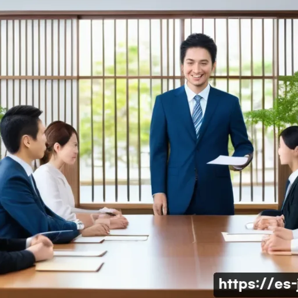 JLPT와 일본어 비즈니스 소통 사례 - A professional Japanese business meeting scene in a modern office setting, featuring diverse busines...