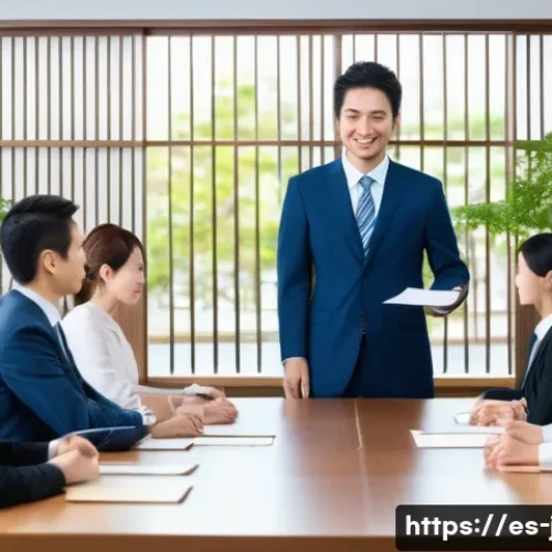 Home 31 JLPT와 일본어 비즈니스 소통 사례 - A professional Japanese business meeting scene in a modern office setting, featuring diverse busines...