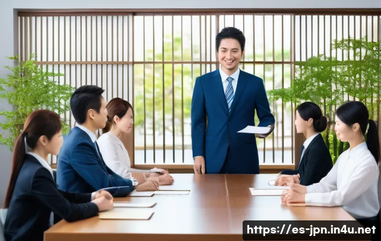 JLPT와 일본어 비즈니스 소통 사례 - A professional Japanese business meeting scene in a modern office setting, featuring diverse busines...
