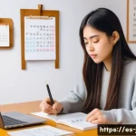 Home 18 JLPT와 일본어 언어학 연구의 차별점 - A focused young adult Hispanic woman studying Japanese at a cozy home desk filled with JLPT preparat...