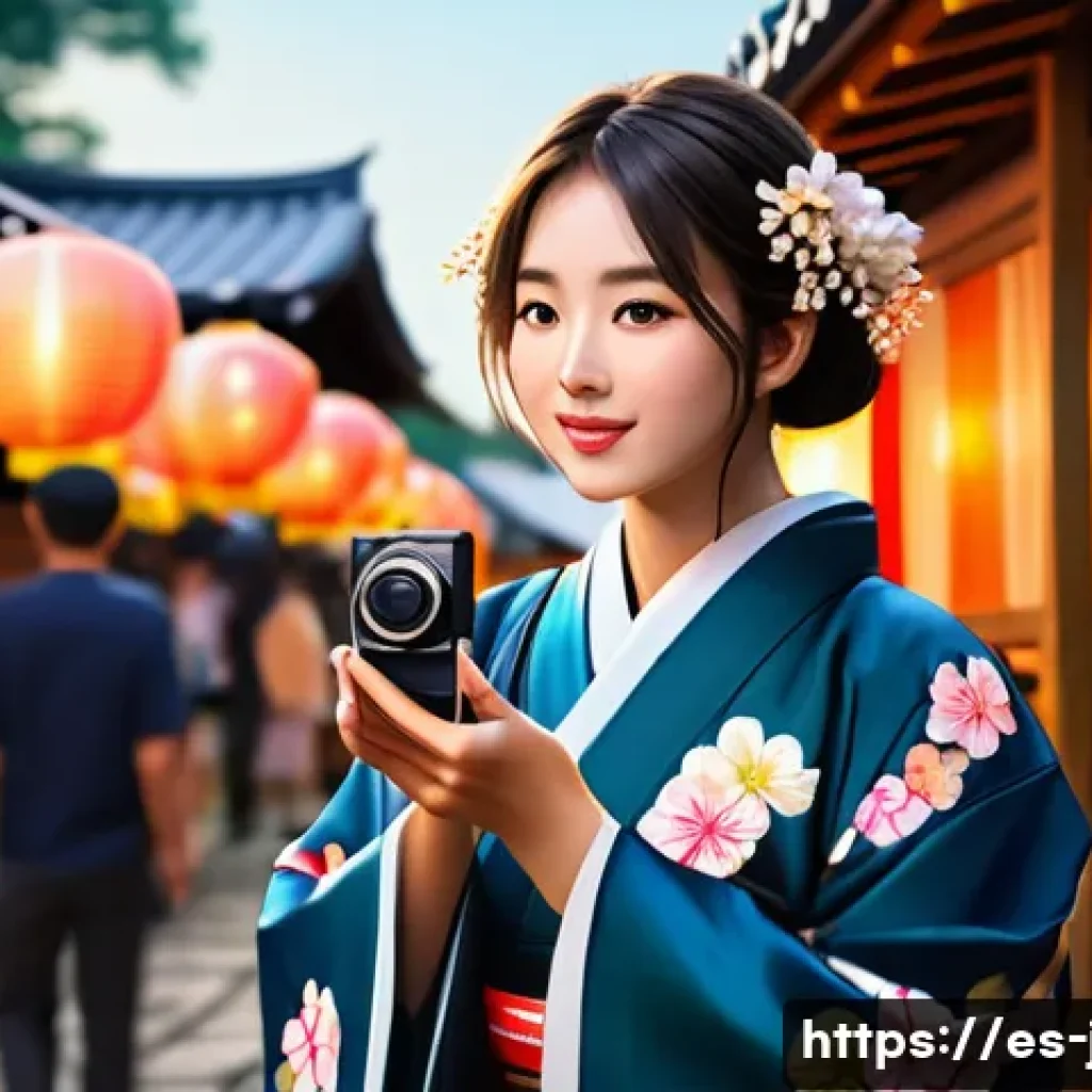 JLPT 취득 후 일본 문화 콘텐츠 제작 사례 - A vibrant digital illustration of a young content creator filming a vlog at a traditional Japanese f...