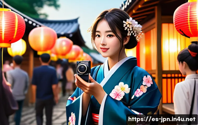 JLPT 취득 후 일본 문화 콘텐츠 제작 사례 - A vibrant digital illustration of a young content creator filming a vlog at a traditional Japanese f...