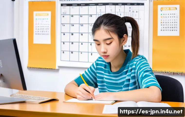 JLPT와 실무 일본어 어떻게 다른가 - A focused young adult student studying Japanese for the JLPT exam, sitting at a tidy desk with textb...