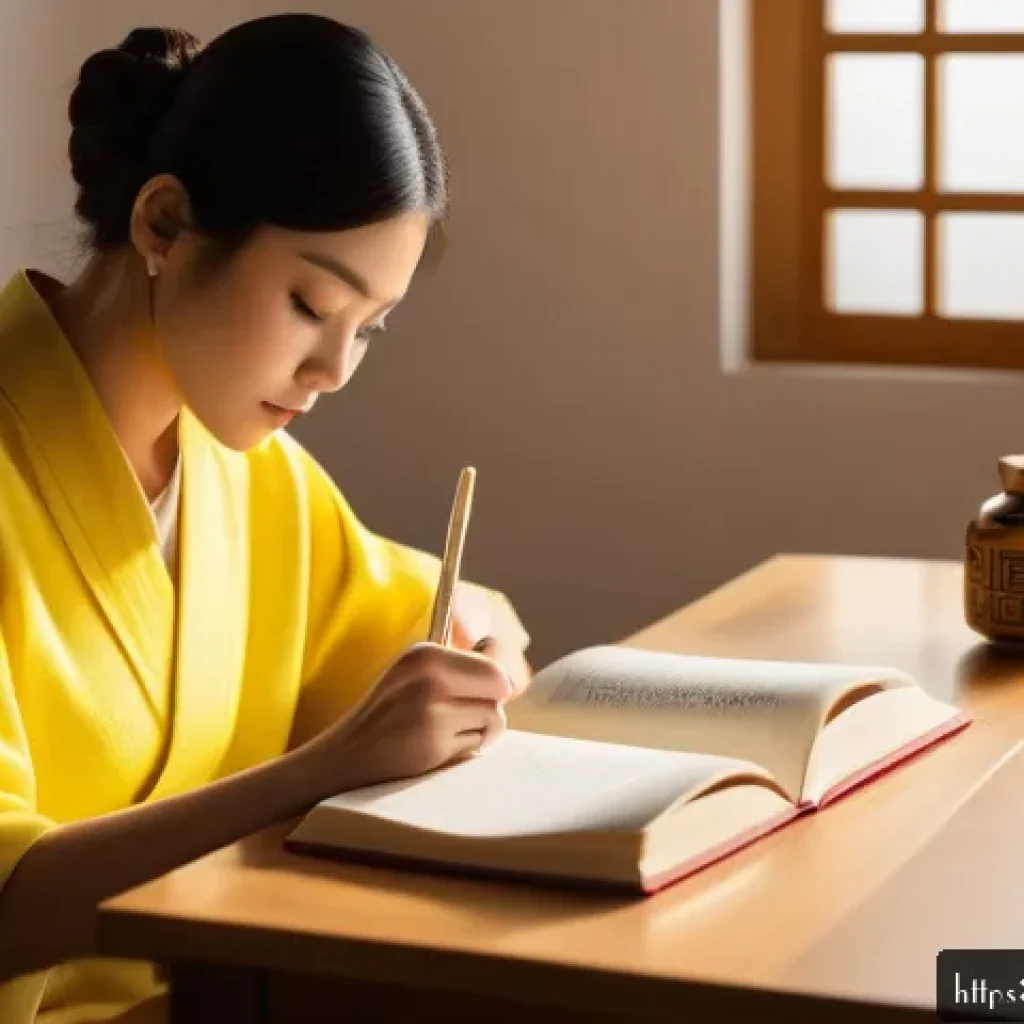 JLPT와 일본어 고급 독해 학습 사례 - A focused study scene showing a young Spanish-speaking adult sitting at a wooden desk in a cozy, sun...