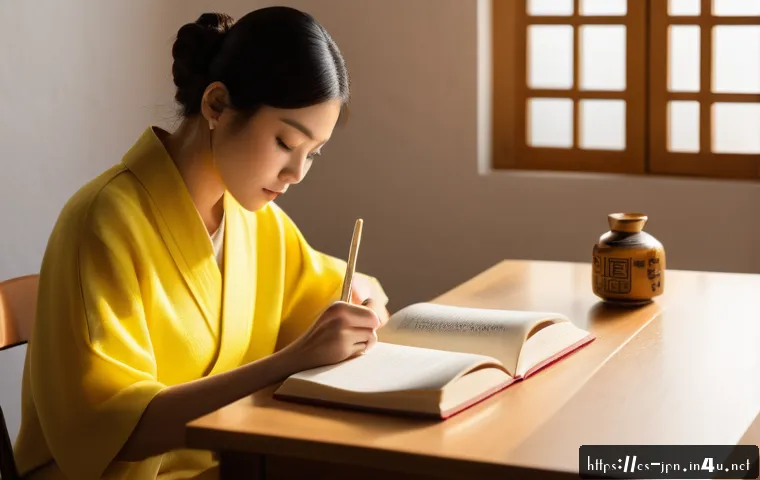 JLPT와 일본어 고급 독해 학습 사례 - A focused study scene showing a young Spanish-speaking adult sitting at a wooden desk in a cozy, sun...