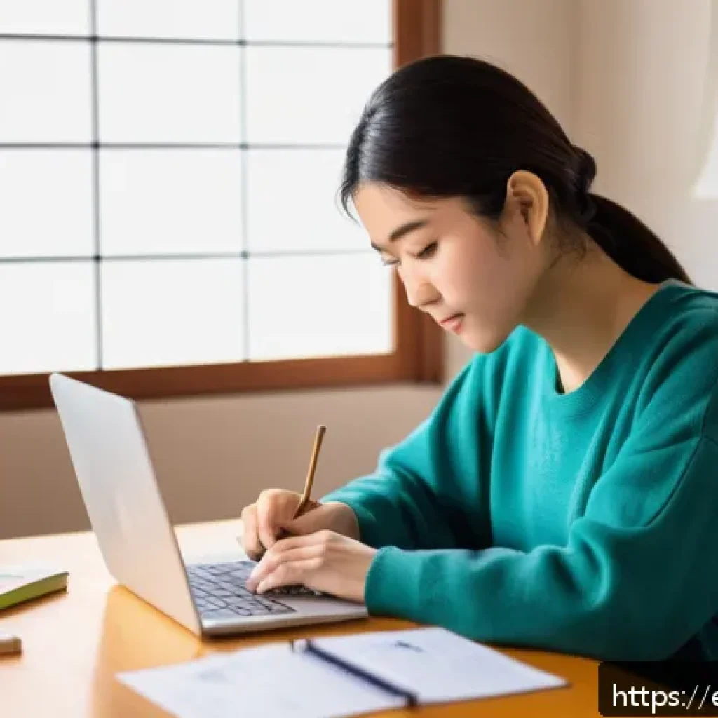 JLPT 학습에 효과적인 온라인 강의 플랫폼 - A young adult Hispanic woman studying Japanese at home using a laptop and smartphone, surrounded by ...