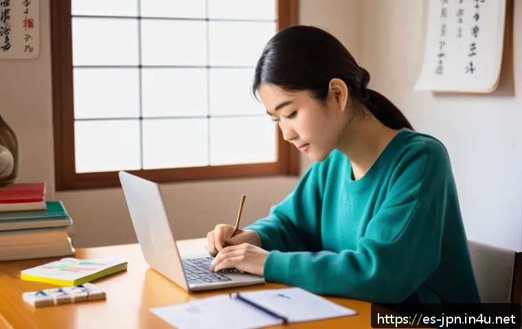 JLPT 학습에 효과적인 온라인 강의 플랫폼 - A young adult Hispanic woman studying Japanese at home using a laptop and smartphone, surrounded by ...