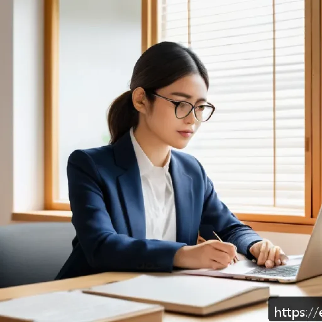 JLPT와 일본 내 자격증과의 학문적 연구 - A professional young Hispanic woman studying Japanese at a modern desk in a bright home office, surr...
