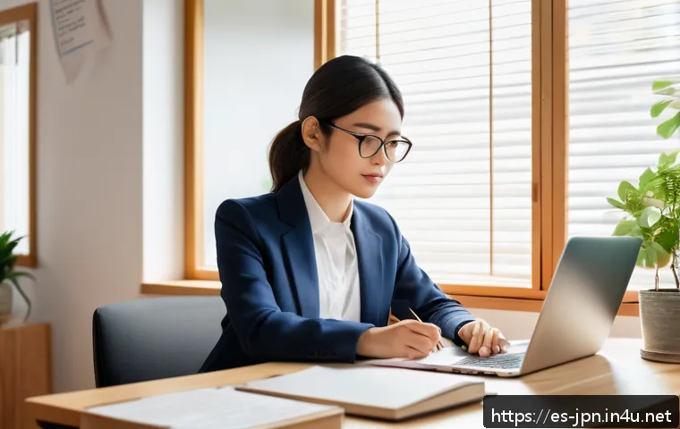 JLPT와 일본 내 자격증과의 학문적 연구 - A professional young Hispanic woman studying Japanese at a modern desk in a bright home office, surr...