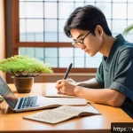 JLPT 자격증 활용 일본어 콘텐츠 제작 방법 - A vibrant and engaging digital illustration of a Hispanic young adult studying Japanese at a cozy ho...