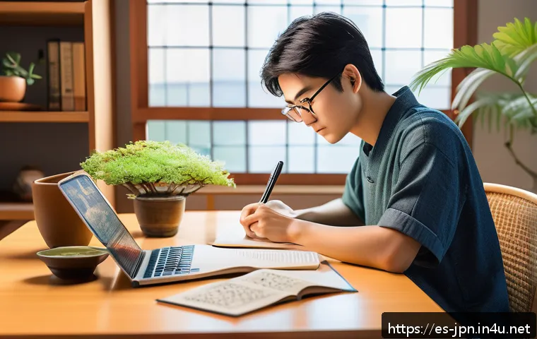 JLPT 자격증 활용 일본어 콘텐츠 제작 방법 - A vibrant and engaging digital illustration of a Hispanic young adult studying Japanese at a cozy ho...