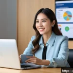 JLPT와 일본 기업에서의 근무 사례 - A professional Hispanic woman in a modern office environment, confidently speaking Japanese during a...