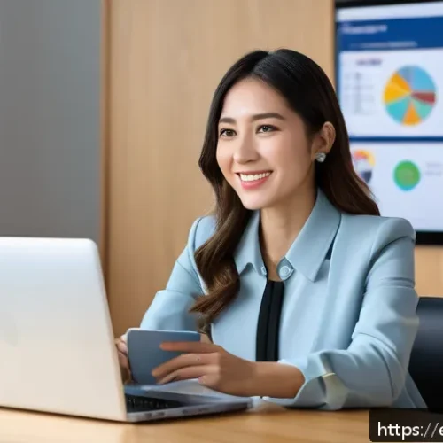 JLPT와 일본 기업에서의 근무 사례 - A professional Hispanic woman in a modern office environment, confidently speaking Japanese during a...