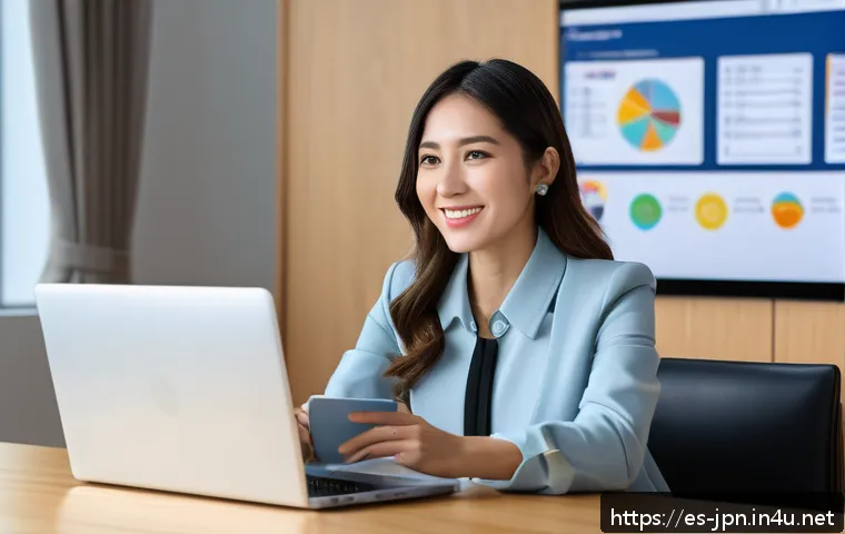 JLPT와 일본 기업에서의 근무 사례 - A professional Hispanic woman in a modern office environment, confidently speaking Japanese during a...