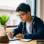 JLPT 공부법과 시간 관리 - A cozy and well-lit study room with a young adult Hispanic student sitting at a wooden desk, focused...