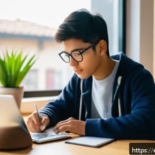 JLPT 공부법과 시간 관리 - A cozy and well-lit study room with a young adult Hispanic student sitting at a wooden desk, focused...