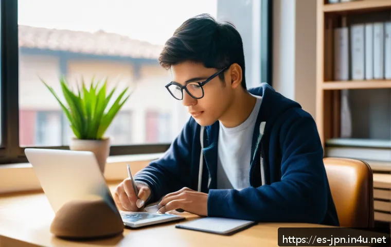 JLPT 공부법과 시간 관리 - A cozy and well-lit study room with a young adult Hispanic student sitting at a wooden desk, focused...