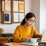 JLPT와 관련된 논문 주제 아이디어 - A focused young adult Hispanic woman studying Japanese at a cozy home desk, surrounded by JLPT textb...