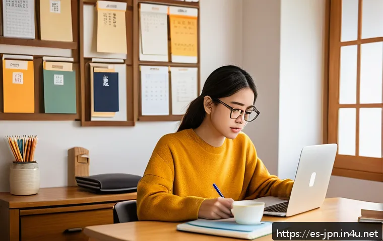 JLPT와 관련된 논문 주제 아이디어 - A focused young adult Hispanic woman studying Japanese at a cozy home desk, surrounded by JLPT textb...