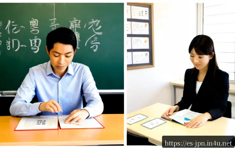 JLPT와 일본어 강사 자격증의 차이점 - Photorealistic split-scene comparison in a bright Spanish-language study setting: on the left, an ad...