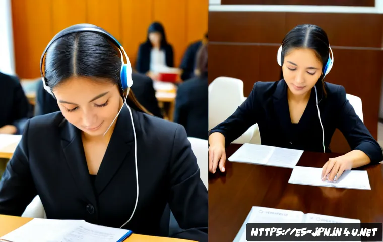 JLPT 자격증과 동시 통역사 자격증 비교 - Photorealistic split-scene comparison of two Spanish-speaking career paths: on the left, a focused a...